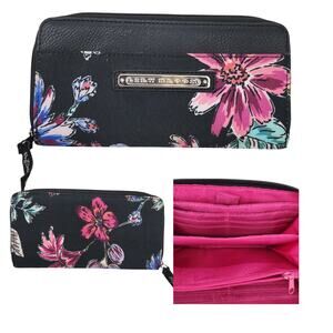 Lily Bloom Clutch Floral Black Pink Flower Zip Around Wallet Accordion Organizer